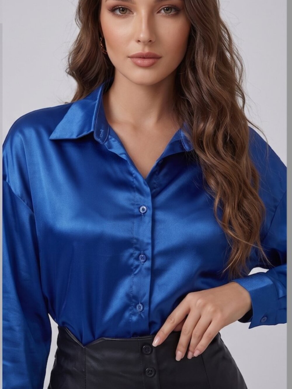 Button Front Drop Shoulder Satin Blouse Blue